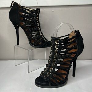 Givenchy Sz 38.5 Black Suede High Heel Peep Toe Strappy Back Zip Sandals Booties